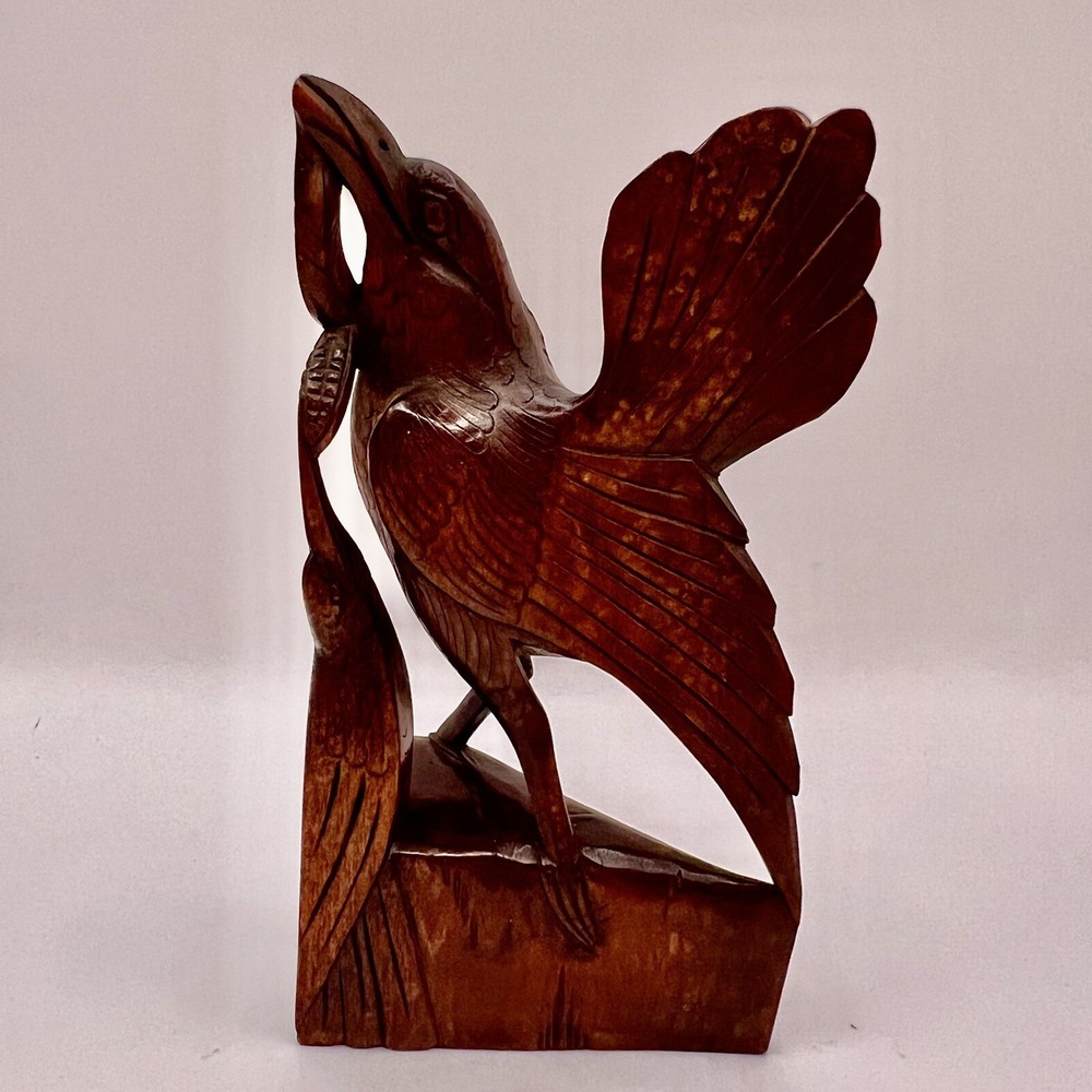 Vintage Hand Carved Wood Bird Bali Figurine 6" Mother Feeding Young Chick